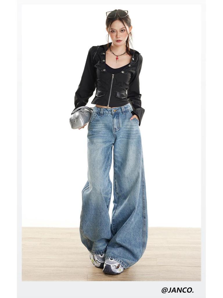 Women's Retro Wide-Leg Jeans: American Design, HK Style, Loose Straight-Leg, Floor-Length