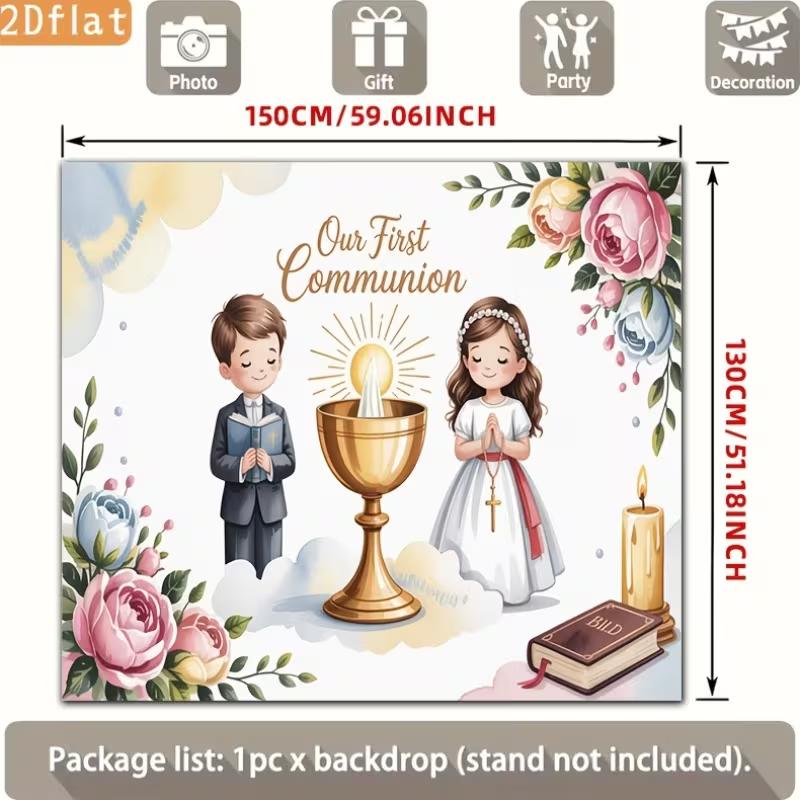 2D First Communion Backdrop, Boy and Girl Chalice & Bible Photo Booth Background Banner