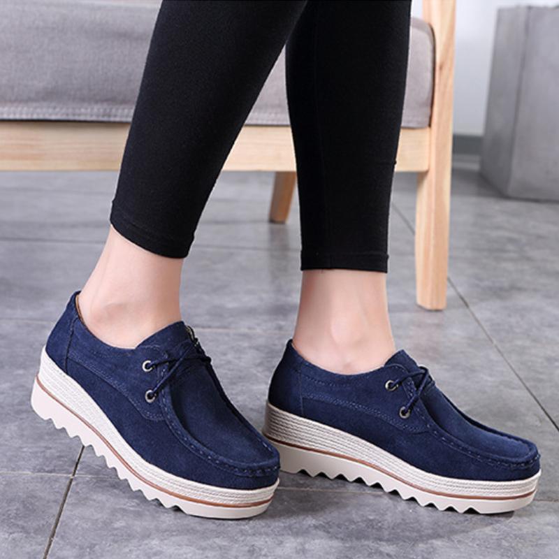 Fashion Lace-up Platform Shoes Genuine Leather Rocker Shoes Slip-on Loafers Elegant Mother Shoes Working Walking Footwear