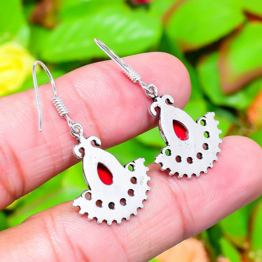 Natural Italian Red Coral Gemstone 925 Sterling Silver Earring 1.58" P9r40