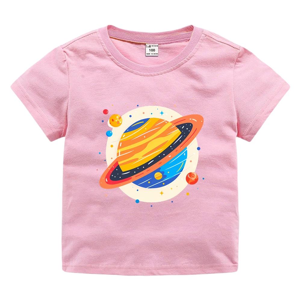 Colorful Saturn Planet Outer Space Print Kids Short Sleeve T Shirt Soft Cotton Crew Neck Boys Girls Summer Casual Daily Wear Tee