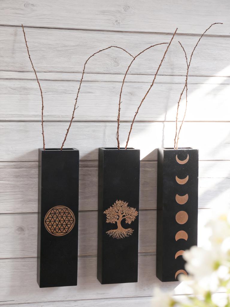 Boho Wandvase Schwarzer Holzpflanzgefäß mit Mondphasen-, Lebensbaum- und Blume des Lebens-Design Heimdeko Wandbehang Geschenke