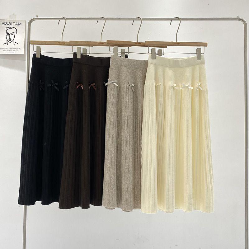 Korean Fashion High-Waisted Slimming Pleated Knit Skirt with Bow Detail