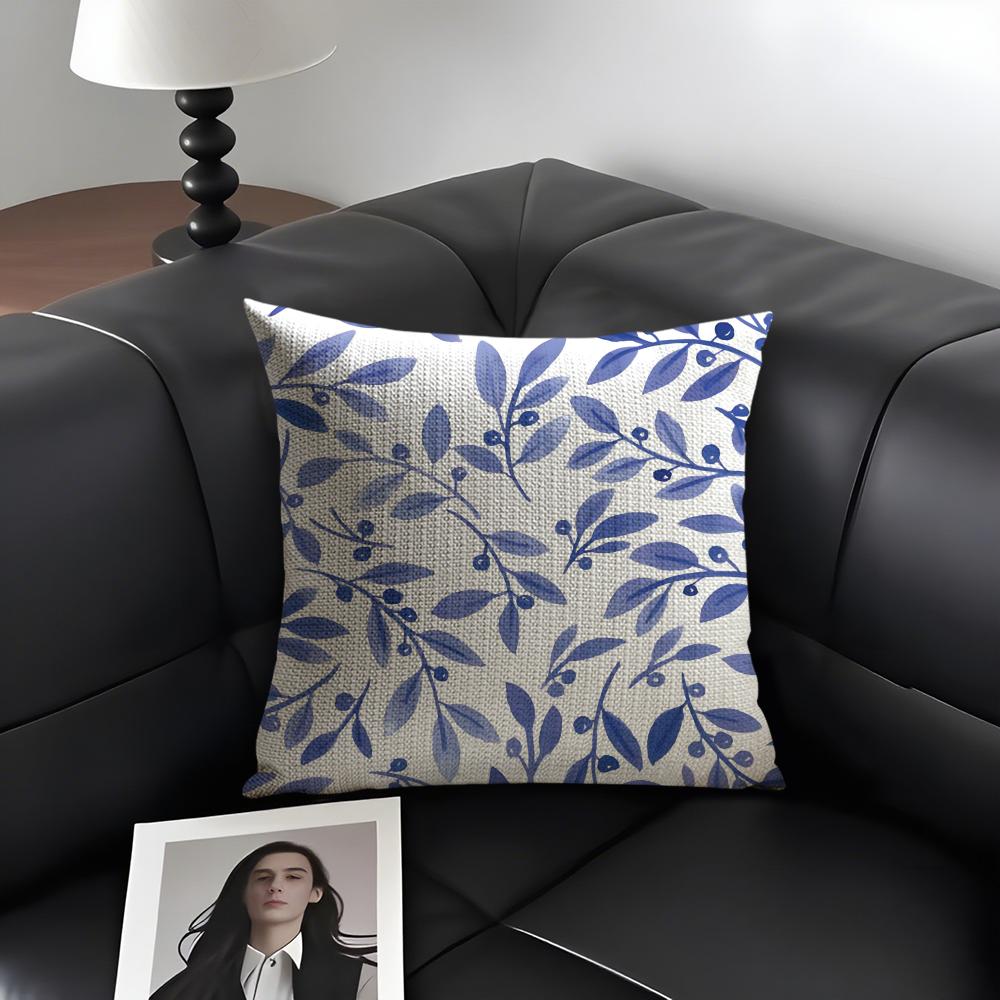 Blue Pattern Hot Cushion Cover Natural Linen Organic Fabric DoubleSided Printing Sofa Home Decor Gift Pillow Case