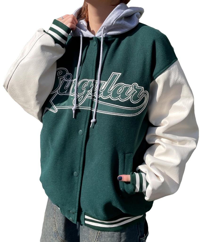 WEGO Hooded Stadium Size Green Women's Jacket, Oversized, Outerwear, Hoodie, Streetwear, Casual, Spring, Autumn, Winter, Gift, Present, F,