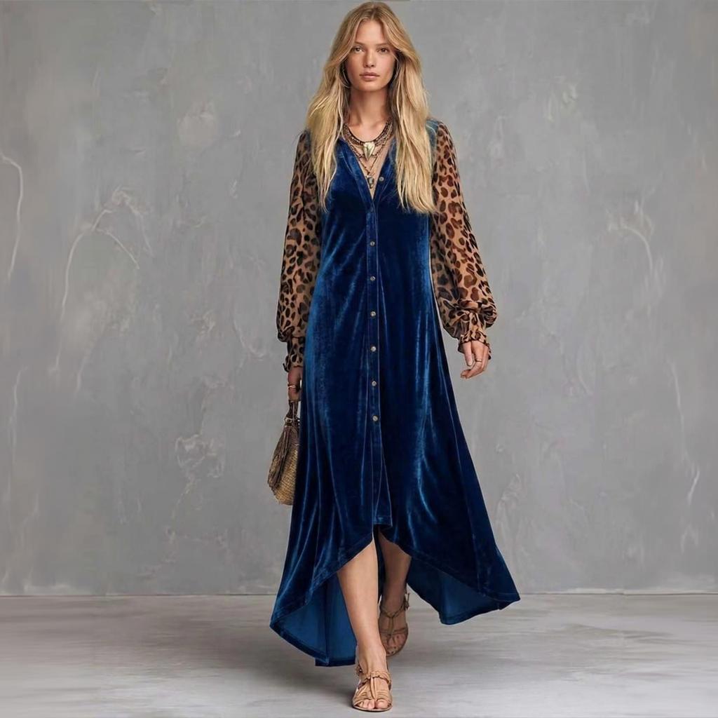 Women's Bohemian Velvet Leopard Print Patchwork Dress in Vintage for Fall and Winter