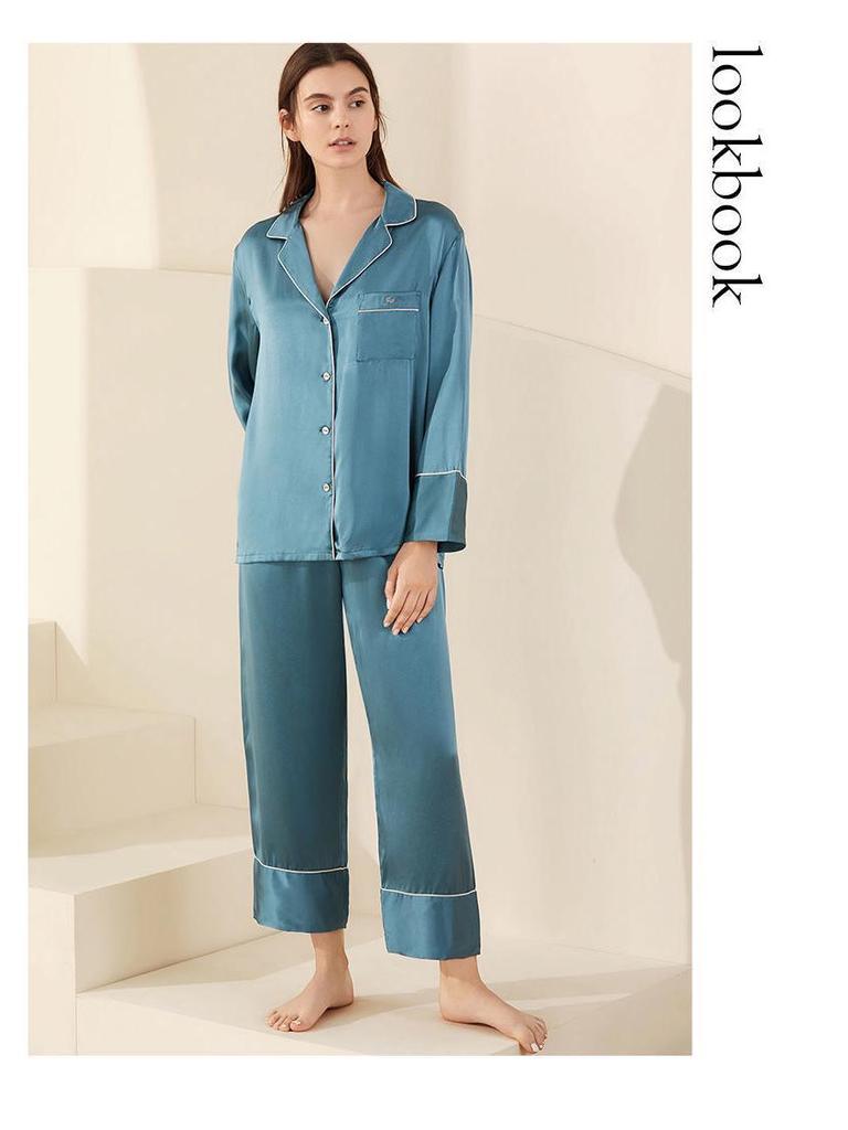100% Mulberry Silk Women's Long Sleeve Pajama Set - Minimalist Autumn Homewear