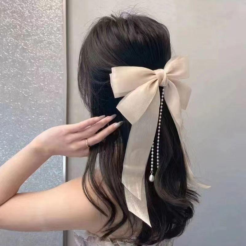 Clips de păr cu fundă șifon Femei Fundă mare Satin Agrafă de păr Fete Culoare solidă Clips coadă de cal Accesorii de păr Articole de acoperit cap Cadou