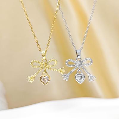 Korean Style Heart Bow Pendant Necklace - Fashionable Clavicle Chain for Women