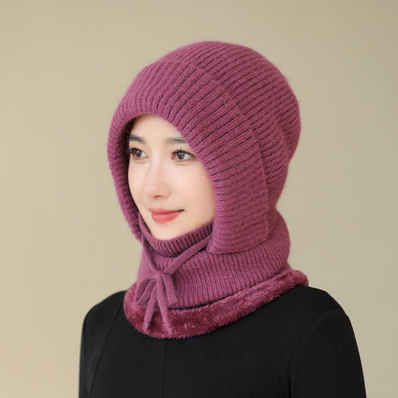 Rabbit Fur Hat Women's Winter Scarf Integrated Wool Cycling Ear Protection Piled Thickened Outdoor Pullover One-piece Hat
