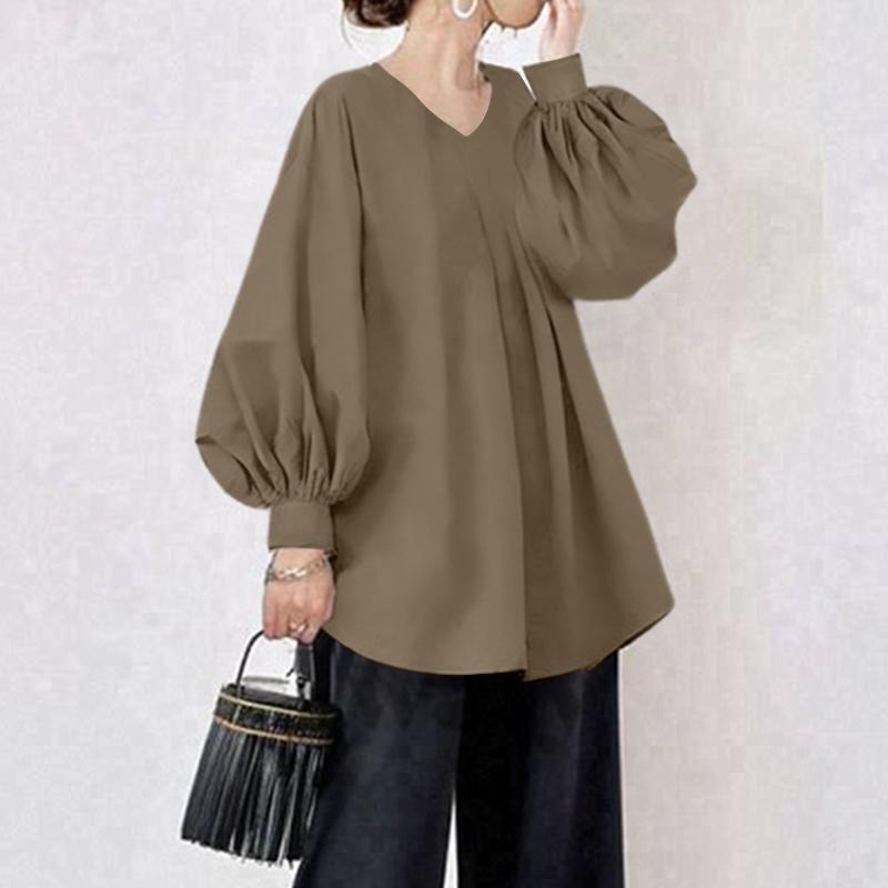 ZANZEA Lässige Bluse mit V-Ausschnitt und langen Ärmeln für Damen in Volltonfarbe