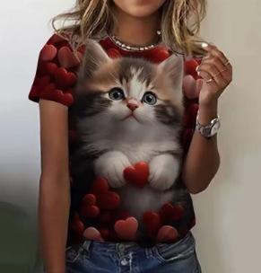 Fashion Women's T-Shirt Printed Kawaii Cat Pattern Short Sleeve Crew Neck Top Summer Outdoor Casual Street