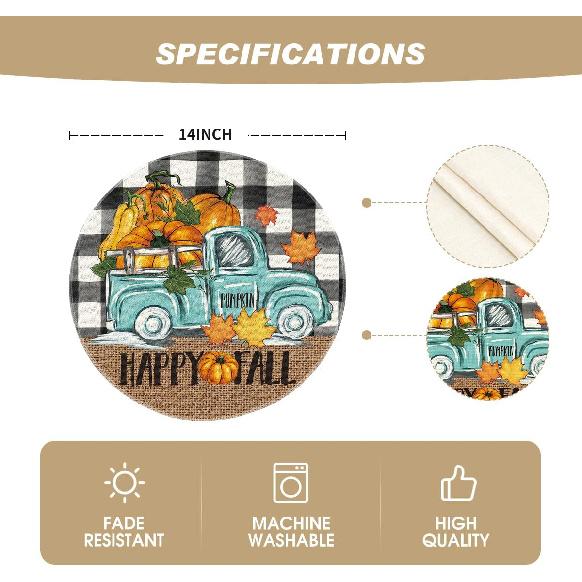 Artoid Mode Buffalo Plaid Truck Pumpkin Round Fall Placemats Set of 4, 14 Inch Seasonal Thanksgiving Round Table Mats for Dining Decoration