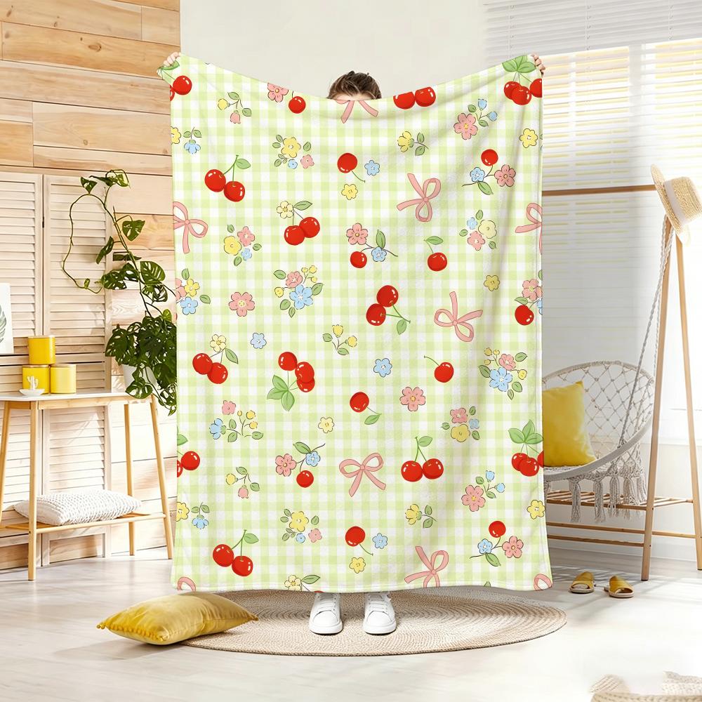 Art Illustration C-Cherry Floral Bow Throw Lightweight 240g Flannel Blanket Soft Skin-friendly for Summer Cooling