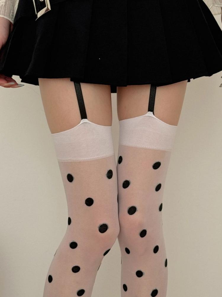 Japanese Style Sweet Lolita Polka Dots Thigh High Stockings White Thin Slightly Sheer Suspender Stockings Women's Overknee Socks