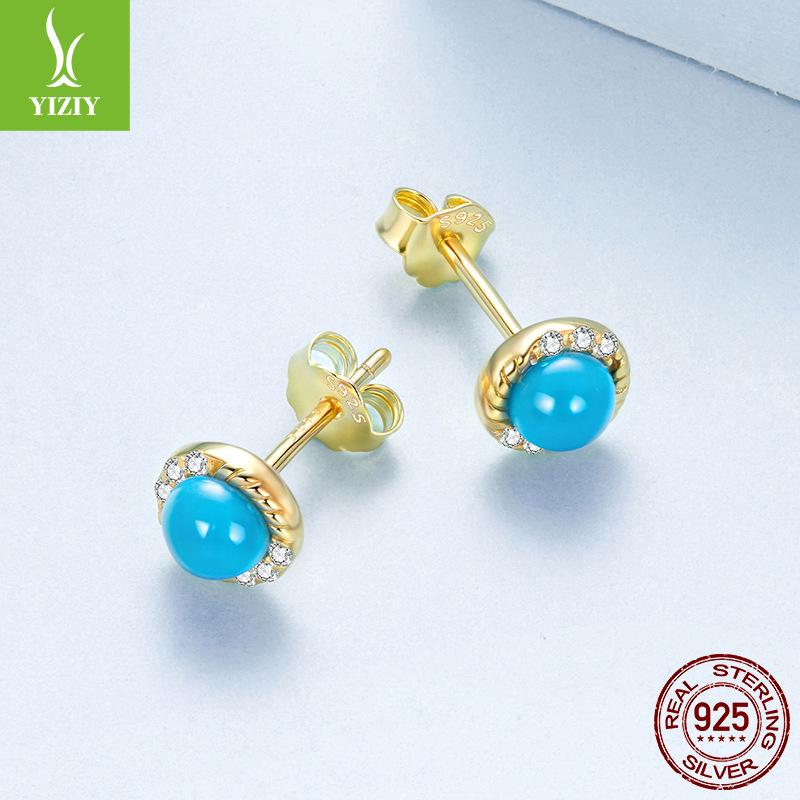 Turquoise S925 Sterling Silver Stud Earrings Elegant Court Temperament Plated 14K Gold Stud Earrings