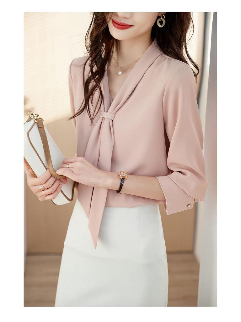 2024 High-End Dame Chiffon Båndbluse - Slankende Langermet, Allsidig Vår/Høst Mote