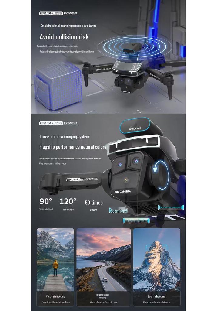 HD Triple Camera Drone with Brushless Motor, Optical Flow Hovering, and Obstacle Avoidance