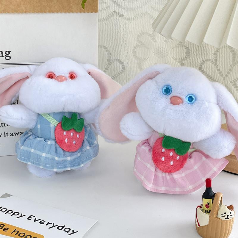 Adorable Long-eared Bunny Plush Doll Keychain With Cute Strawberry Dress 12cm