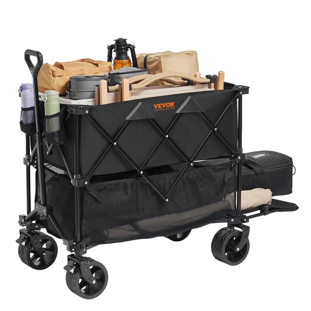 Foldable Double Decker Wagon, 400L Collapsible Wagon Cart with All-Terrain Wheels, Heavy Duty Folding Wagon Cart 350 lbs Weight Capacity for Camping,