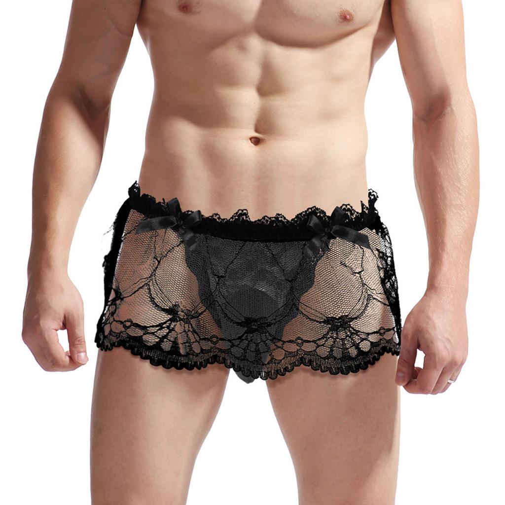 Men's Sissy Lace Skirted T-Back Frilly Bowknot Decor Crossdresser Underwear Lingerie
