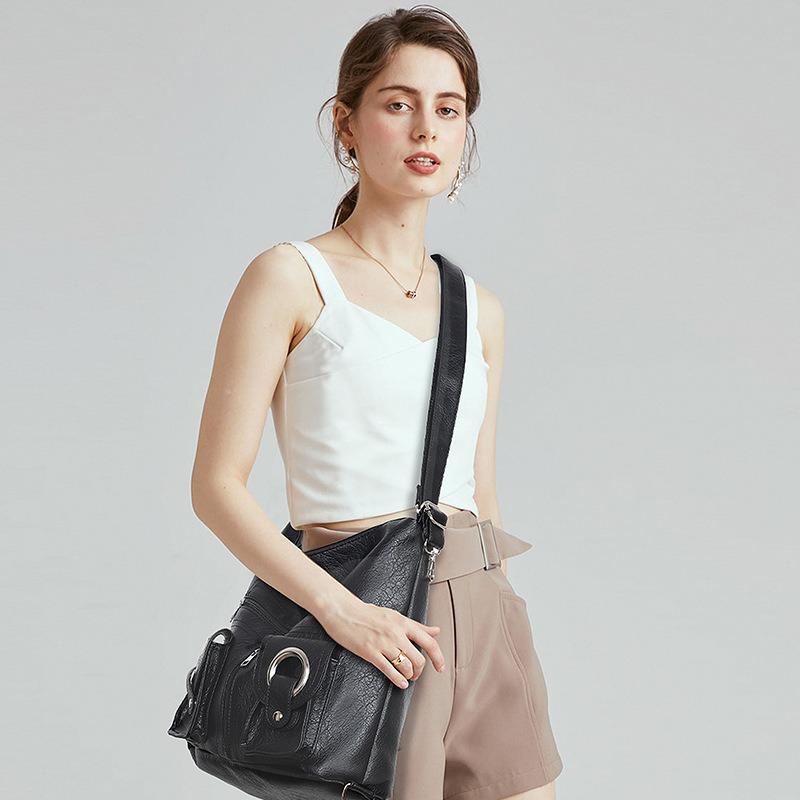 Hot Selling Cross-Border Bags for Women 2025 Summer New Multifunctional Shoulder Bag Crossbody Bag Backpack Black Motorcycle Bag