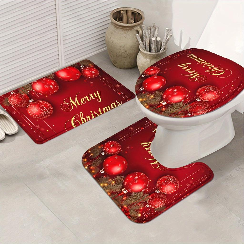4Pcs Merry Christmas Shower Curtain Set with Non-Slip Bath Mat, Toilet Lid Cover, Contour Rug & 12 Hooks, Bathroom Decor