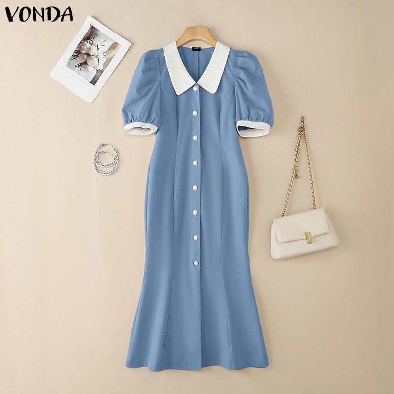 

VONDA Элегантное женское повседневное платье с отложным воротником, пышными рукавами и неэластичной юбкой годе 4XL синий