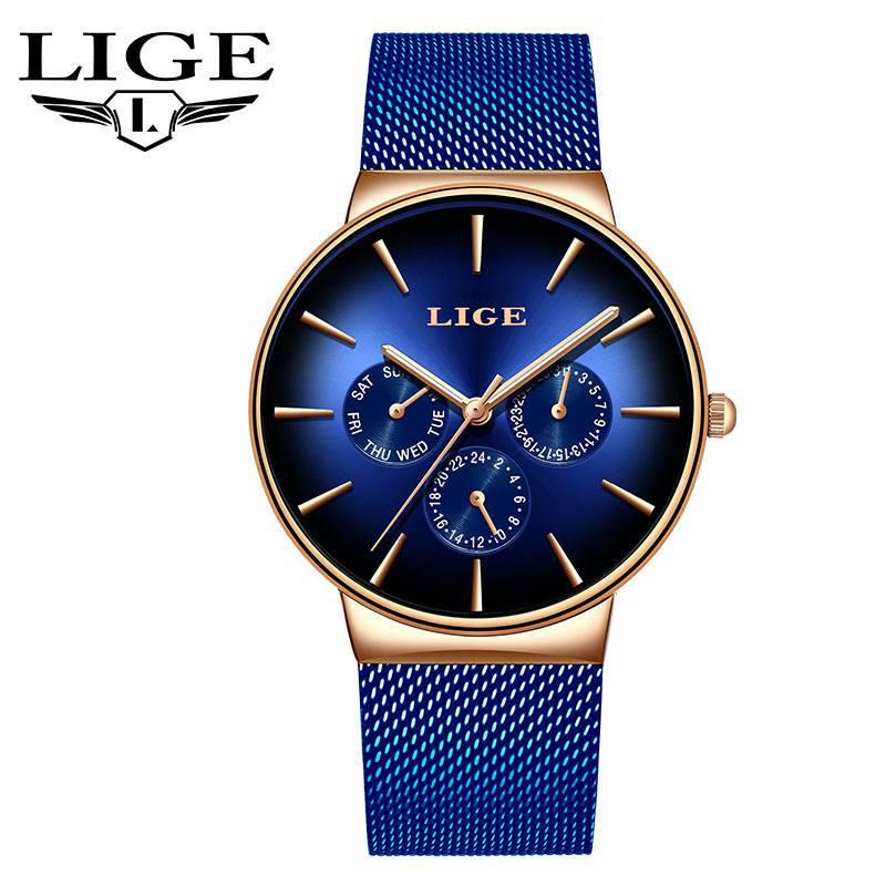 LIGE Mesh Strap Multi-Function Waterproof Quartz Couple Watch