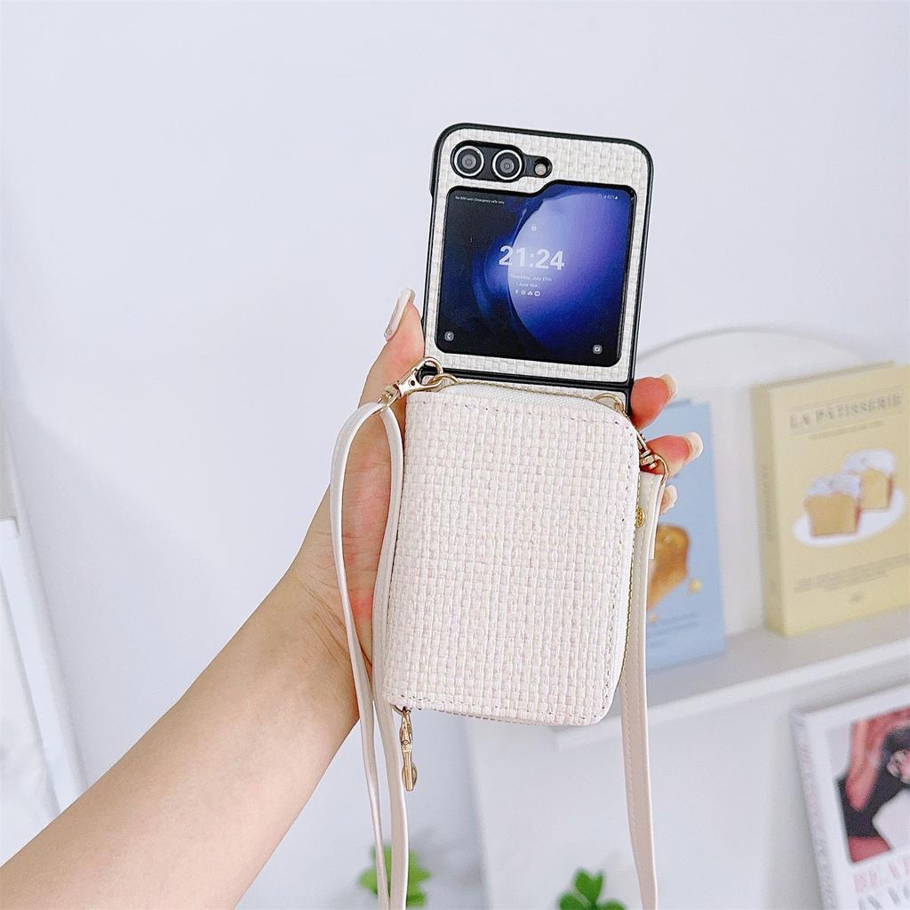 For Samsung Galaxy Z Flip5 5G Phone Case Card Bag PU Leather+PC Cover with Crossbody Strap