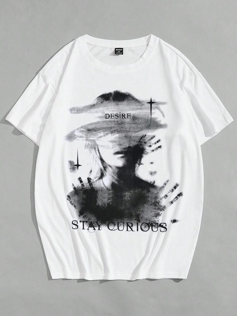 ROMWE Grunge Punk Men's Portrait Printed Oversized T-Shirt