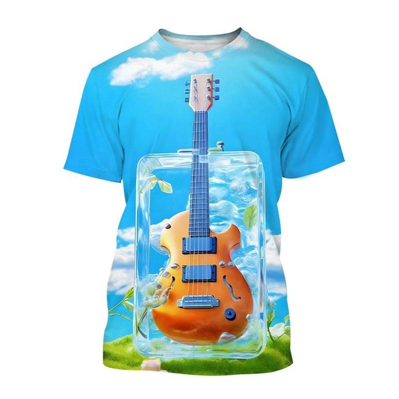 Camiseta con estampado 3D de arte de guitarra creativa, patrón de instrumento musical, camiseta de manga corta con cuello redondo para hombres, camisetas casuales