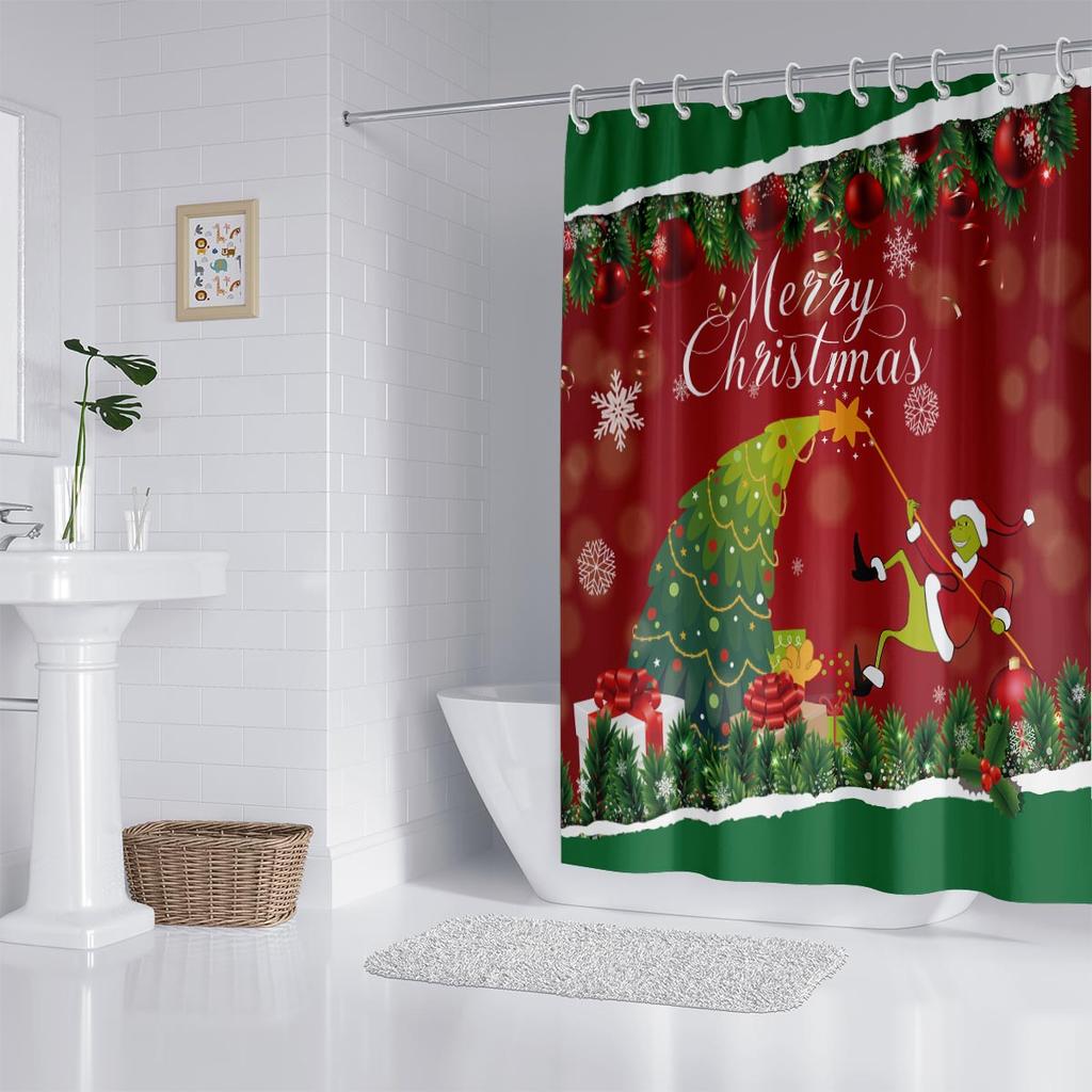 1pc Merry Christmas Print Waterproof Shower Partition Hanging Curtain with 12 Hooks Multiple Sizes Machine Washable