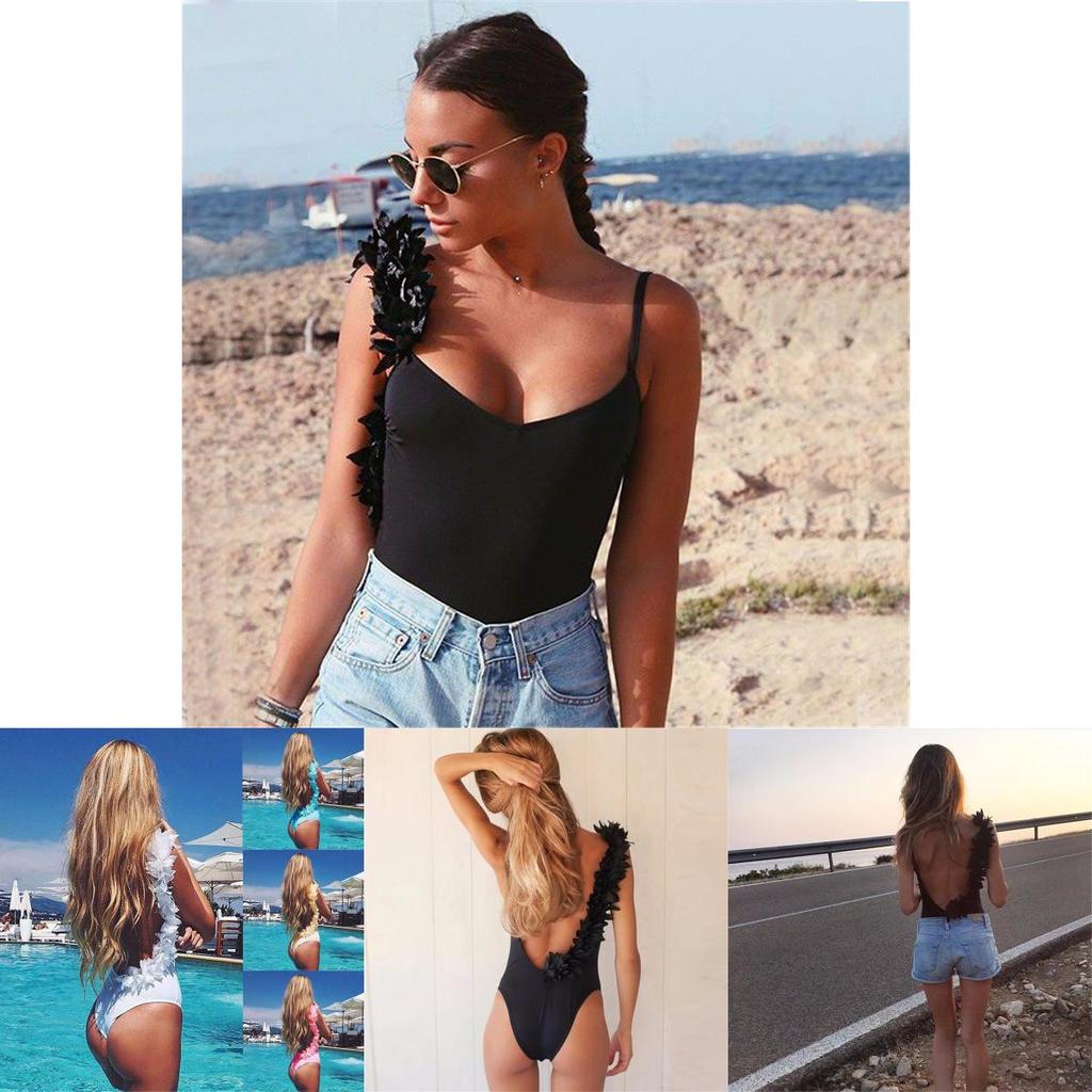 Prémiová kvalita Letní Sexy Dámský V-výstřih Sametové Růžové Lístky Bez Zad Bikini Bodysuit Pro Bezstarostný Styl