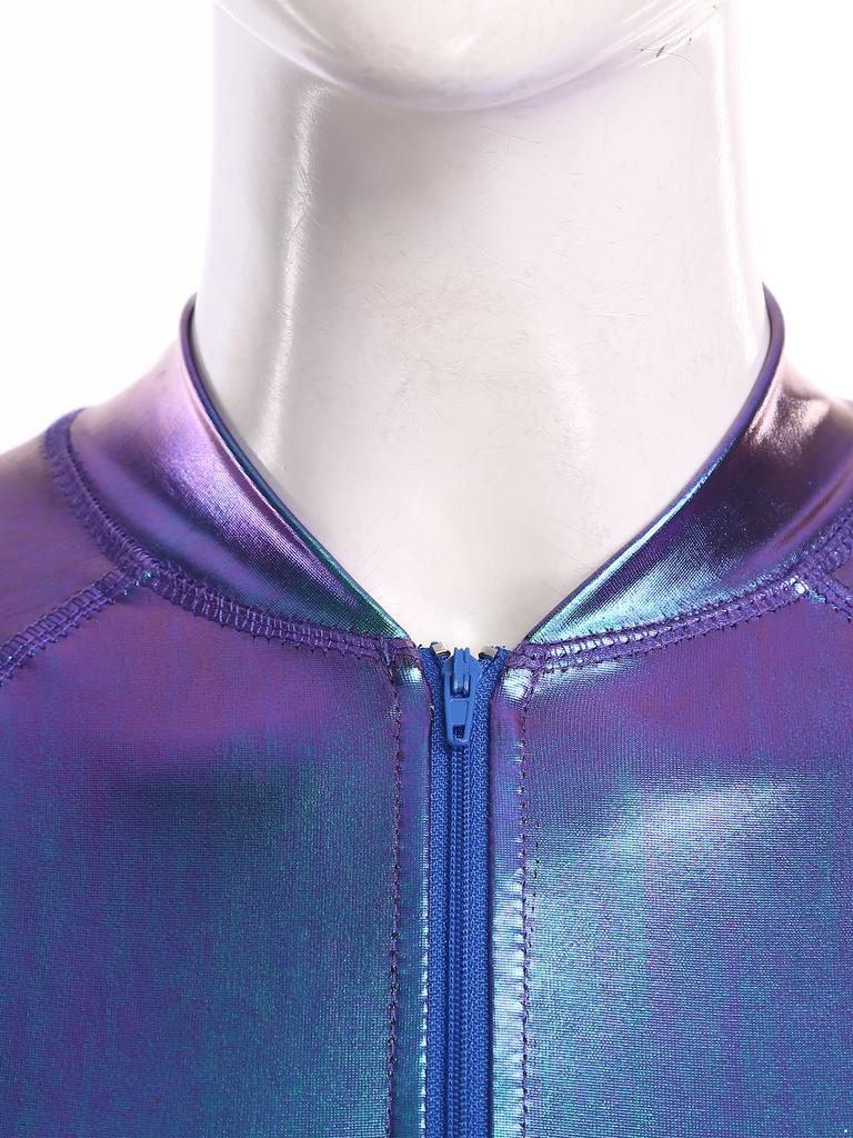 Leotardo Brillante de una Pieza para Mujer Manga Larga Cremallera Delantera Body Metálico Bañador de Gimnasia