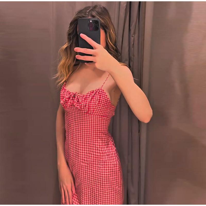 

2025 Новое летнее платье миди на бретелях без рукавов в европейском и американском стиле, женская клетчатая юбка, уличный праздничный стиль L