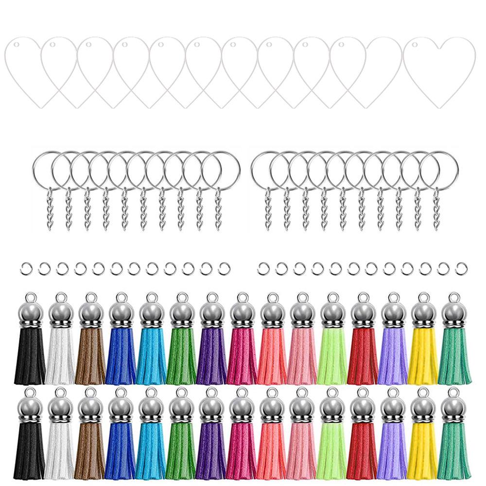 120-Piece Acrylic Keychain Set with Tassels and Small Spike Pendants, Transparent Round Blanks