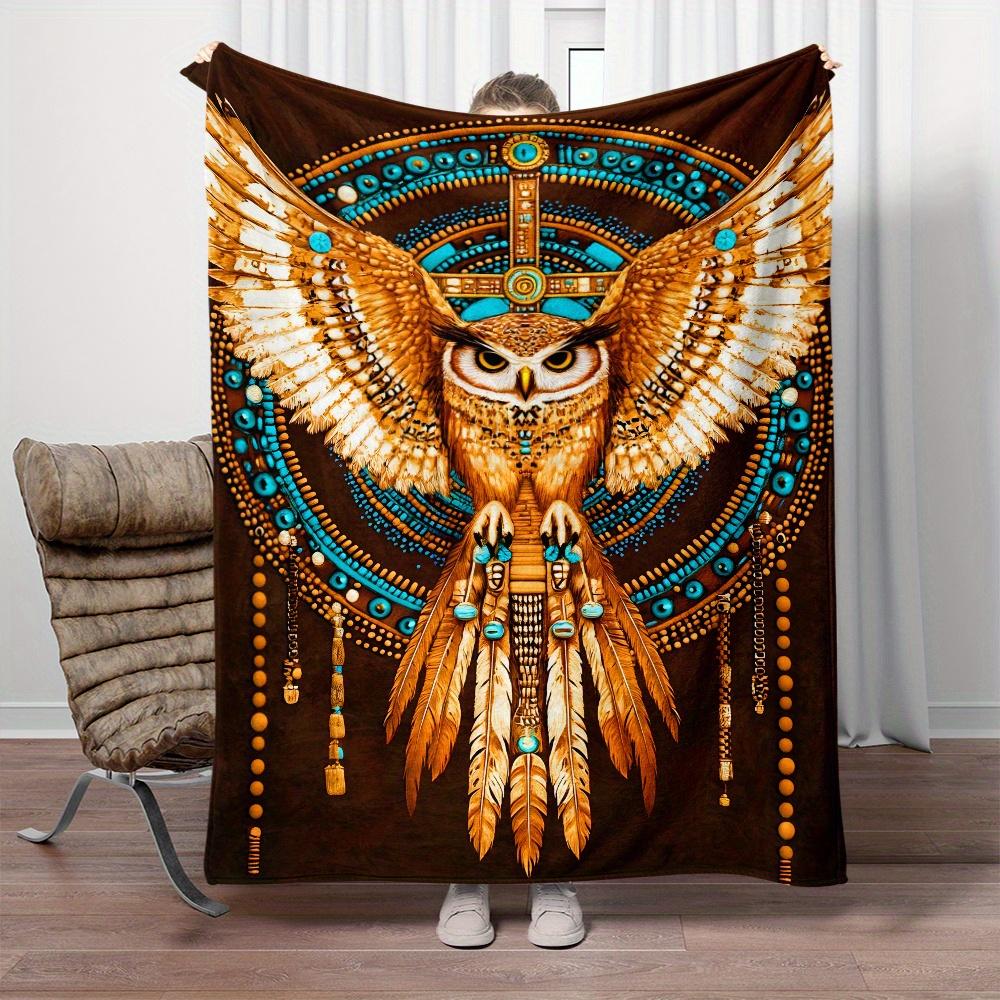 Tribal Owl Feather Dreamcatcher Pattern Flannel Blanket Boho Style Soft Warm Throw Blanket for Living Room Decor Gift