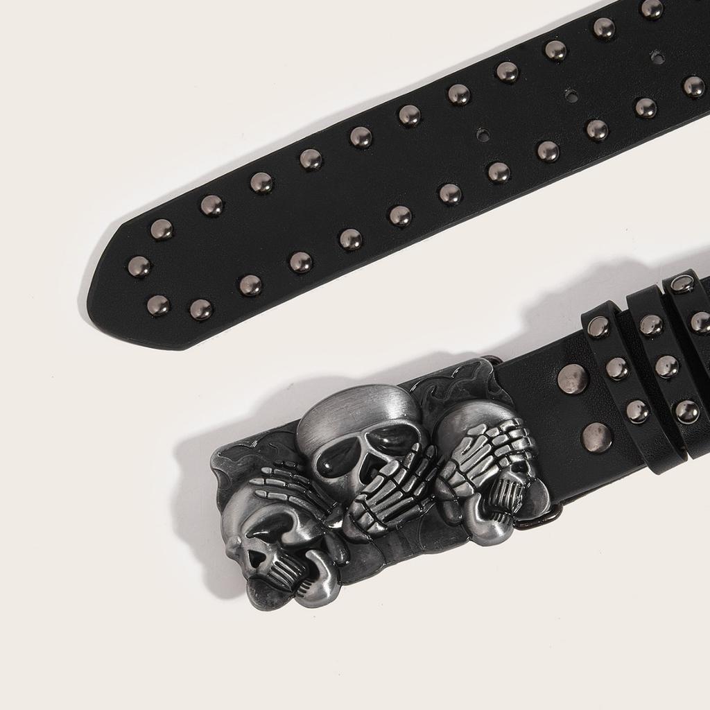 Women Punk Goth Rivet Black Jeans Unisex Men Belt Paw Skull Buckle Waistband