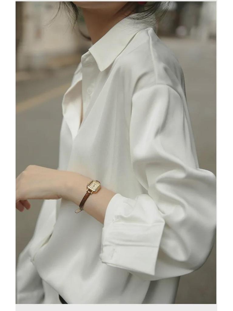 White Women's Retro Hong Kong Style Loose Satin Drape Shirt