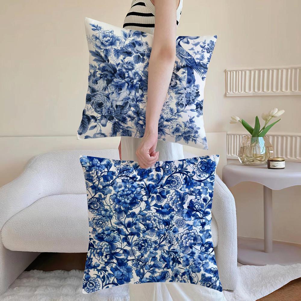 Oriental Blue And White Porcelain Cushion Cover Anti-dustmite Pillowcase Invisible Zipper Silky Short Plush Sofa Cushion Cover