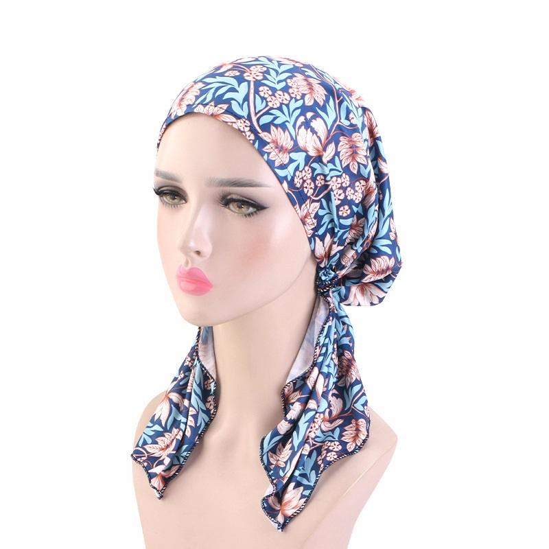 New Women Printed Pre-Tied Turban Cap Muslim Hijab Inner Caps Hair Loss Cover Beanies Bonnet Long Tail Headscarf Strech Bandana