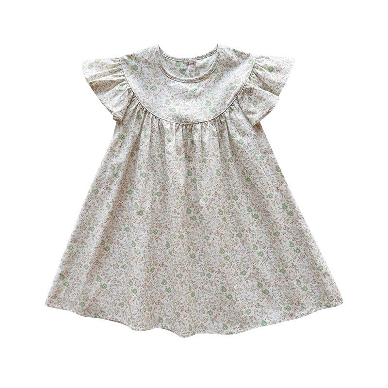 Summer Girls Floral Cotton Dress Sweet Round Neck Flutter Sleeve Princess Casual Dress For Kids
