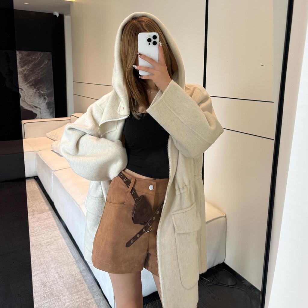 Damen Koreanischer Kaschmirmantel mit Kapuze und Reißverschluss, doppelseitig: Einfarbig, Mittellang, Vielseitig und Verdickt Lockeres Oberbekleidungsstück.