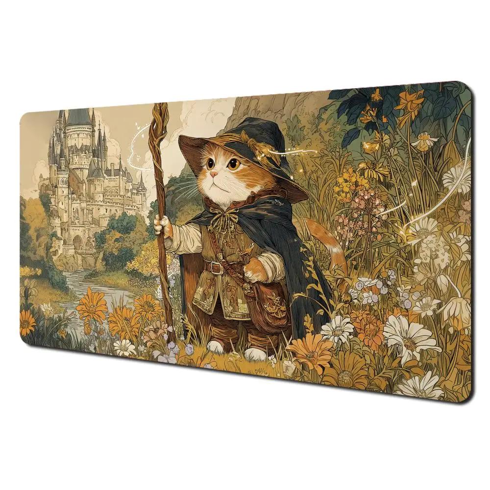 Cute Fantasy Mage Cat Mouse Pad Waterproof Nonslip Retro Medieval Castle Art Mousepad Computer Gaming Mousepad