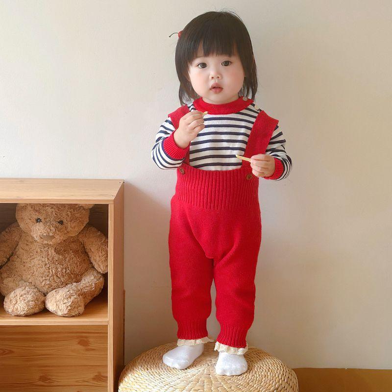Ins Baby Boys and Girls Autumn Red Knitted Overalls Infant Festive One-Piece Romper Set 2025 New Style