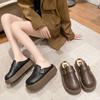 2024 Autumn New Outer Wear Leather Bag Head Cotton Slippers Thick-soled Women's Casual Velvet Lazy One-pedal Leather Slippers