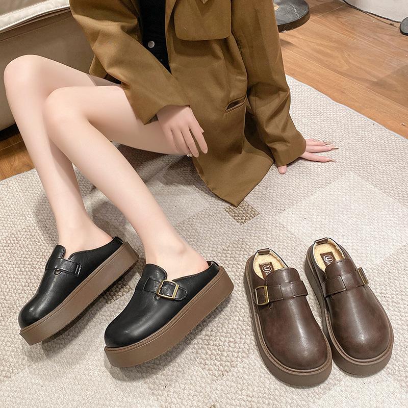 2024 Autumn New Outer Wear Leather Bag Head Cotton Slippers Thick-soled Women's Casual Velvet Lazy One-pedal Leather Slippers