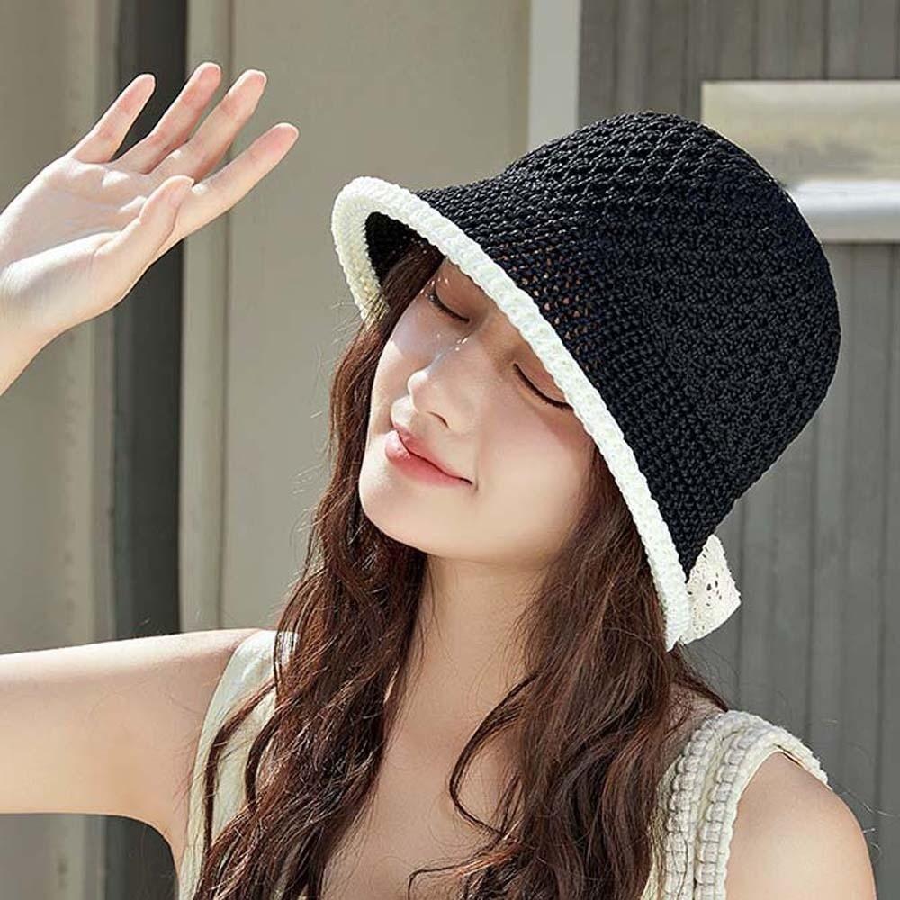 Hollow Out Knitted Bucket Hat Temperament Bow Fisherman Hat Sunshade Basin Cap Vacation