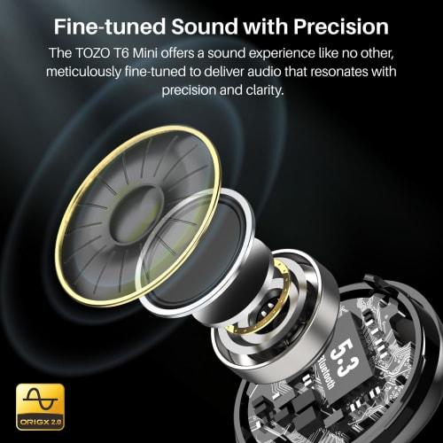 TOZO T6 Wireless Earbuds, Bluetooth 5.3, In-Ear, Deep Bass, Warm Sound Quality, Wireless Charging, IPX8 Waterproof, Custom EQ, App Compatible, Powerfu